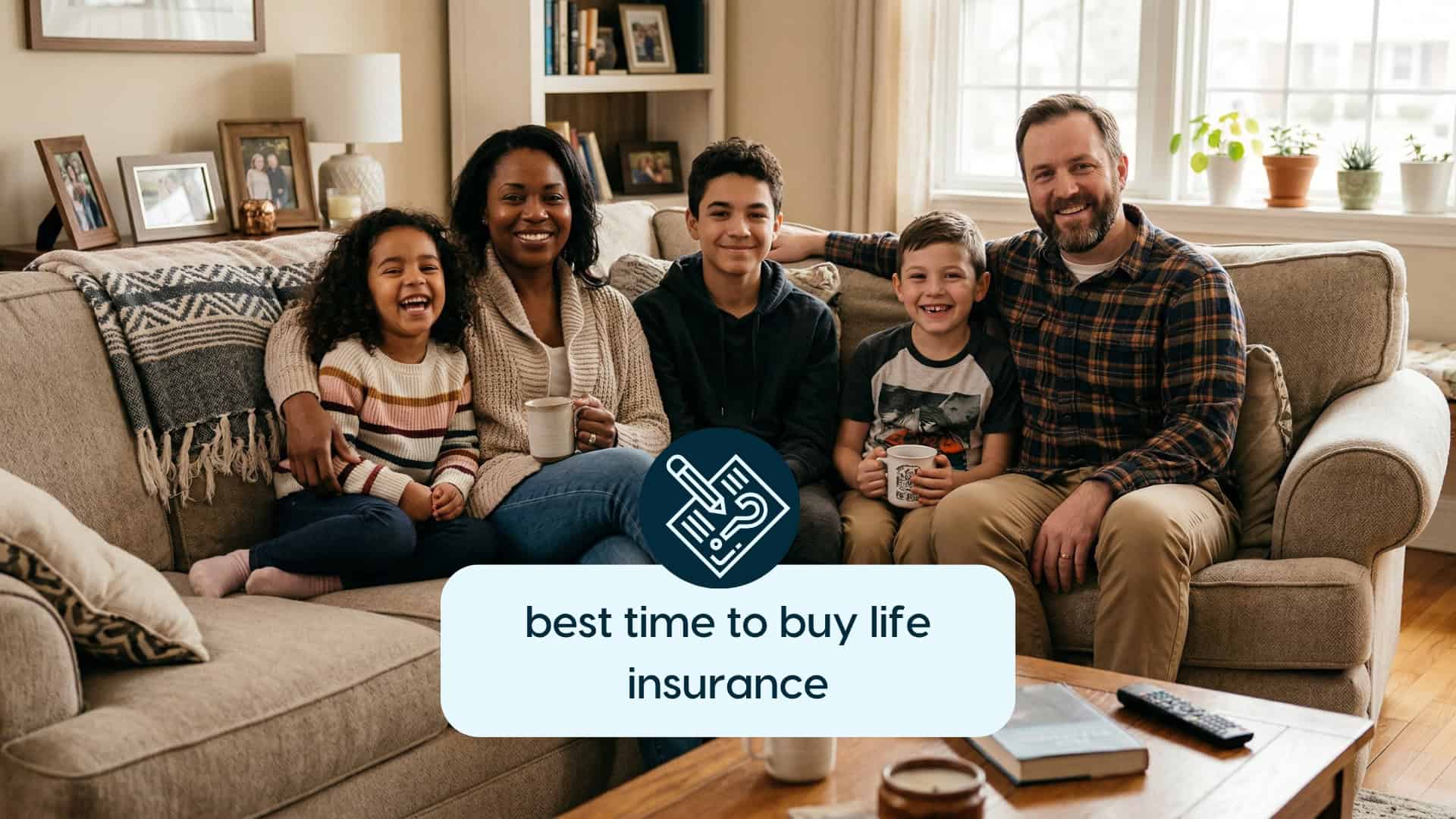 Family sitting together on a couch looking relaxed — best time to buy life insurance