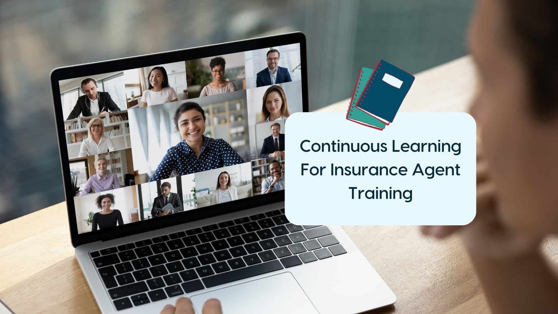 Online Training for Insurance Agents Virtual training session for life insurance agents on a laptop screen.