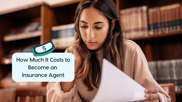 Cost of Becoming an Insurance Agent Young woman studying with a book about insurance agent costs.