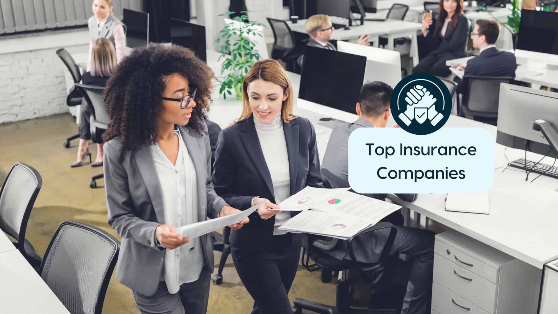 Businesswomen discussing insurance options in modern office environment.