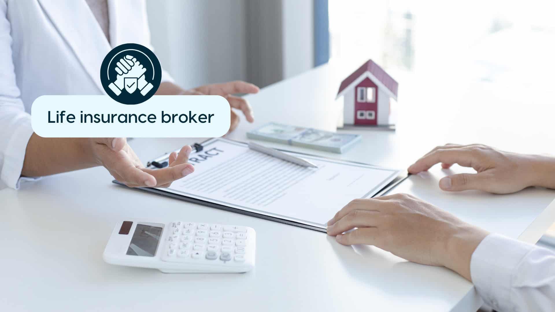 Life Insurance Broker Consultation Insurance broker discussing policies with client at desk.