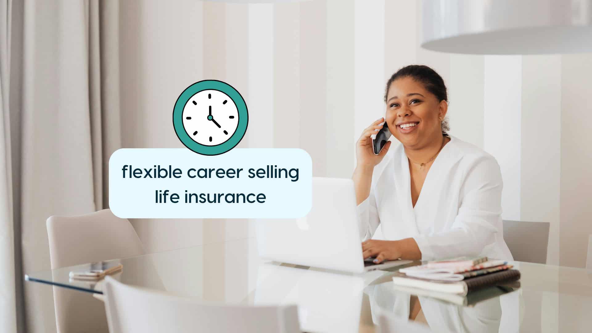 Flexible Career Selling Life Insurance Woman talking on phone about life insurance career opportunities.