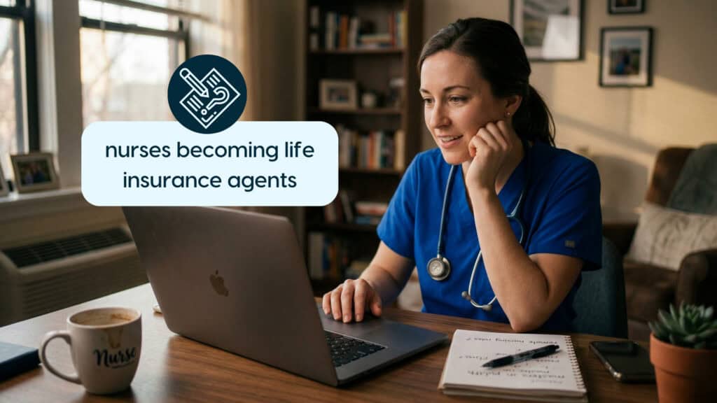 Nurse working on laptop, exploring career as a life insurance agent.