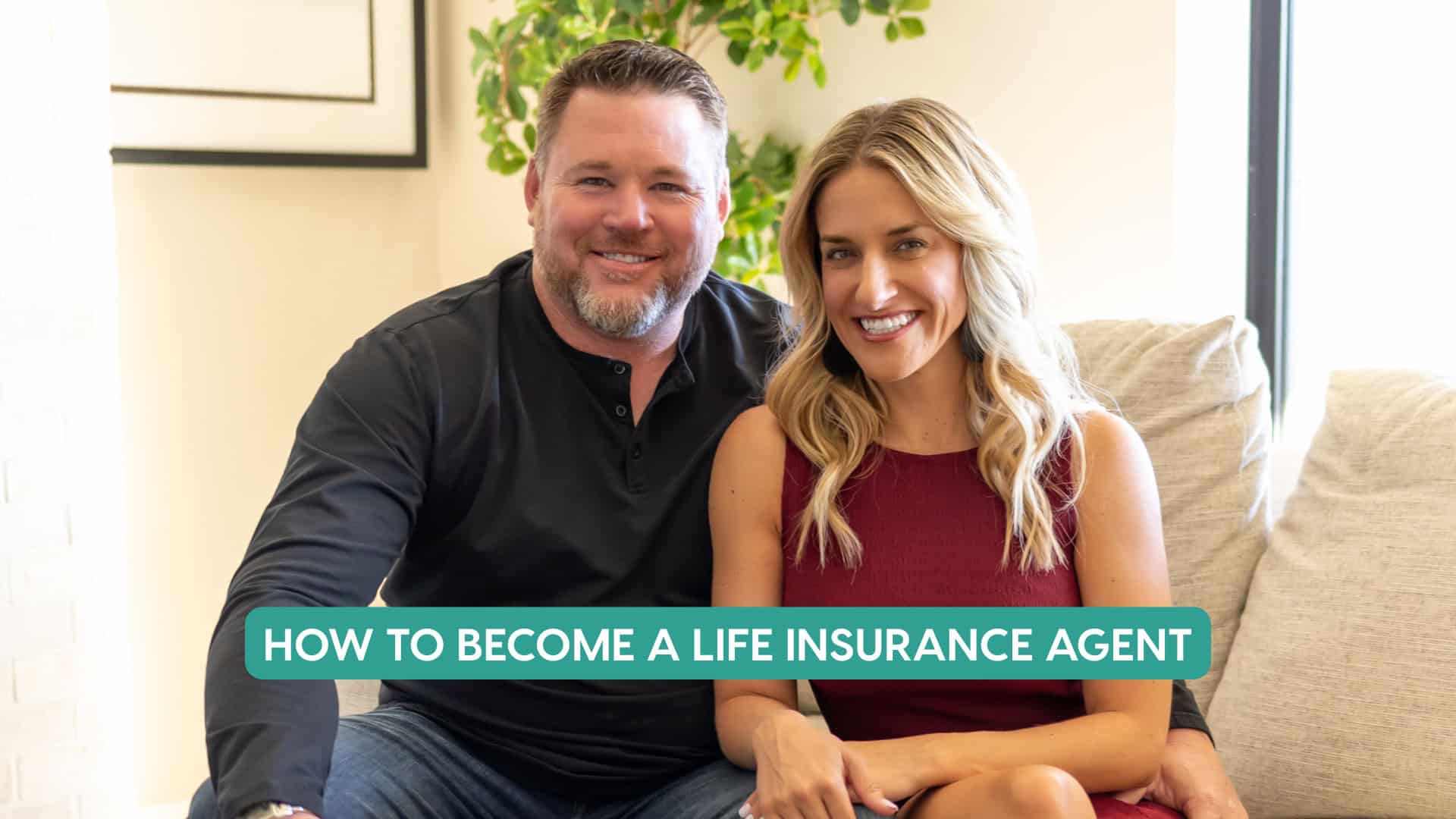 Becoming a Life Insurance Agent Happy man and woman sitting on sofa, discussing life insurance career.