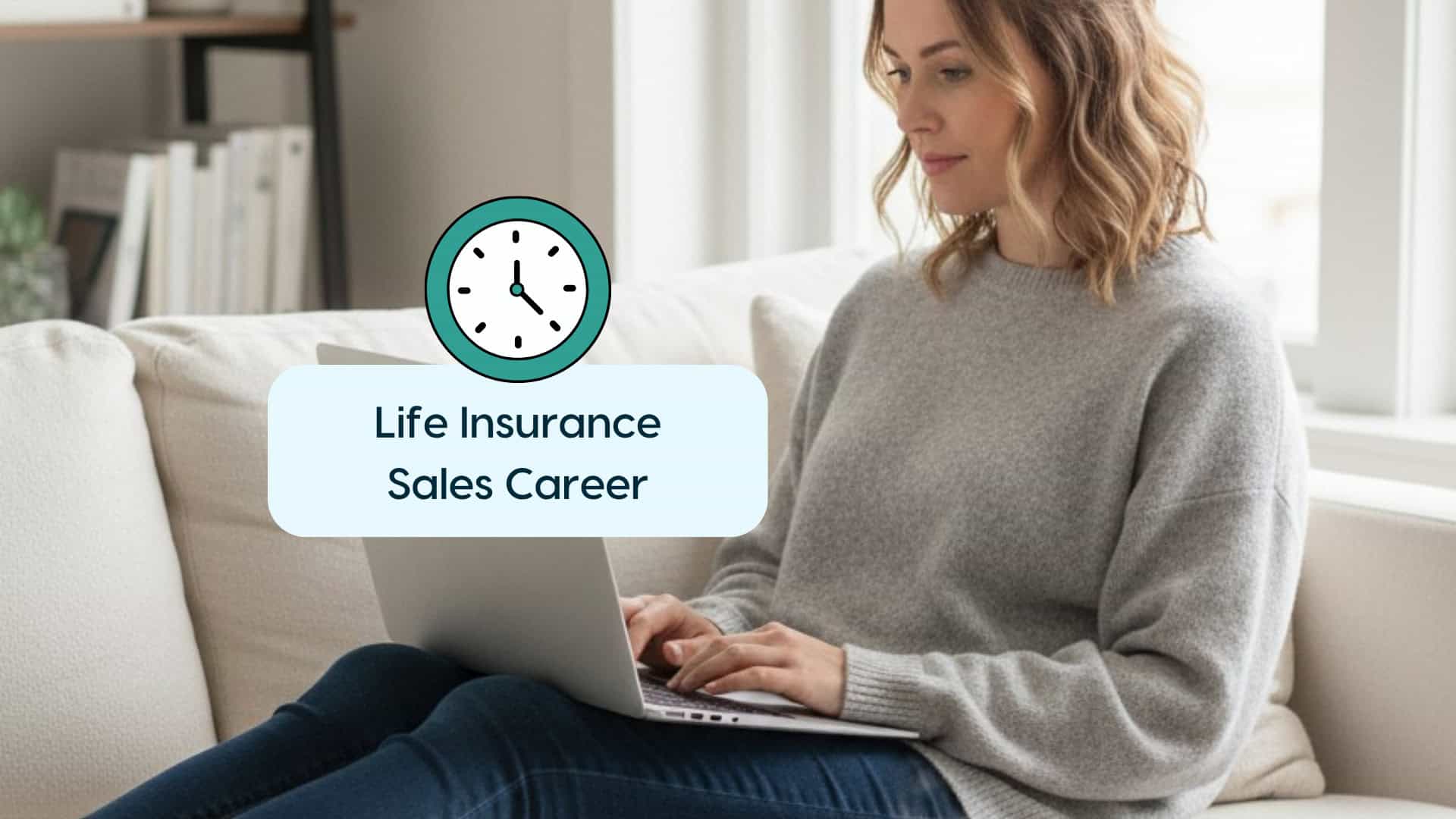 Woman working on laptop with 'Life Insurance Sales Career' sign.